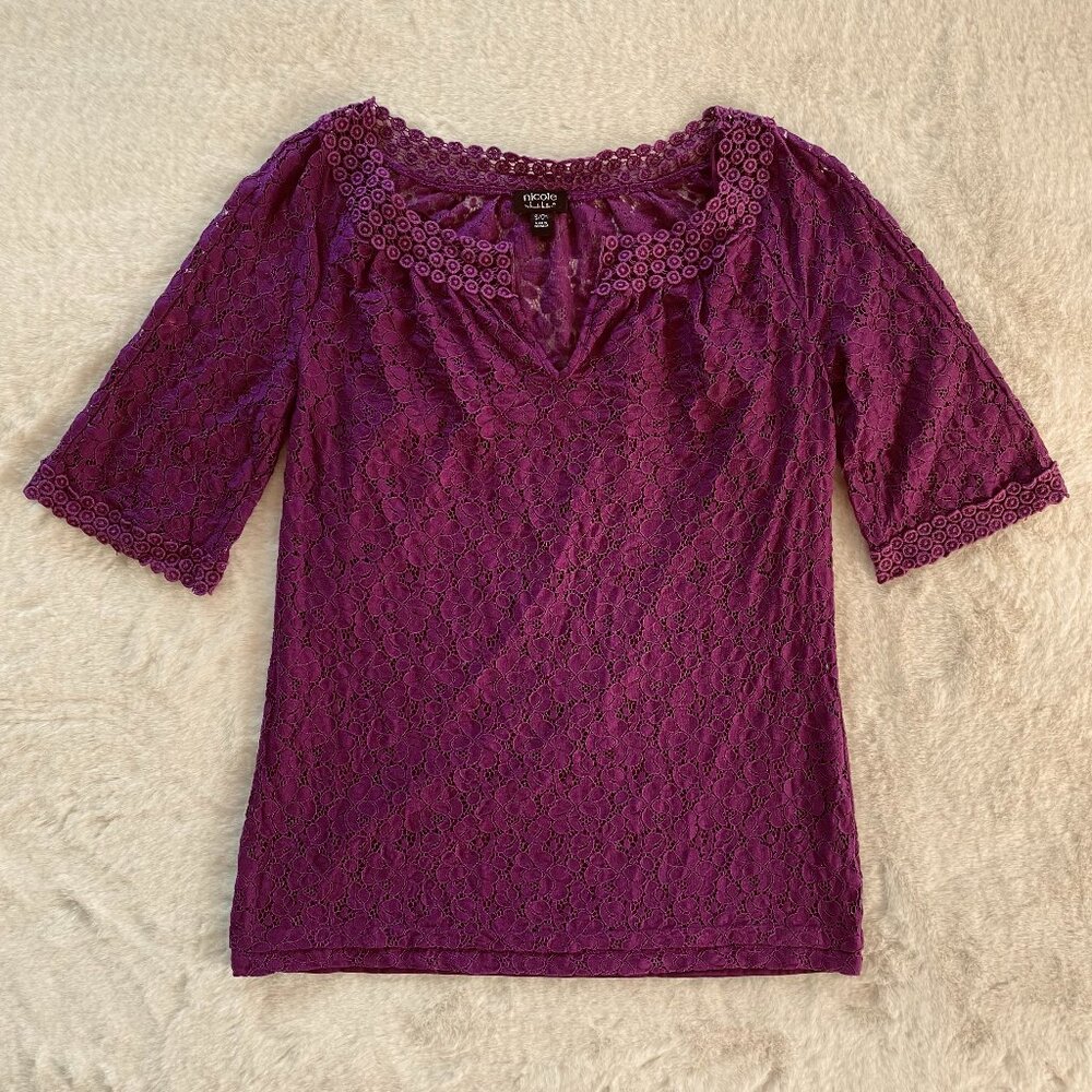 Purple Floral Lace Crochet Tunic Top Women’s Size Small